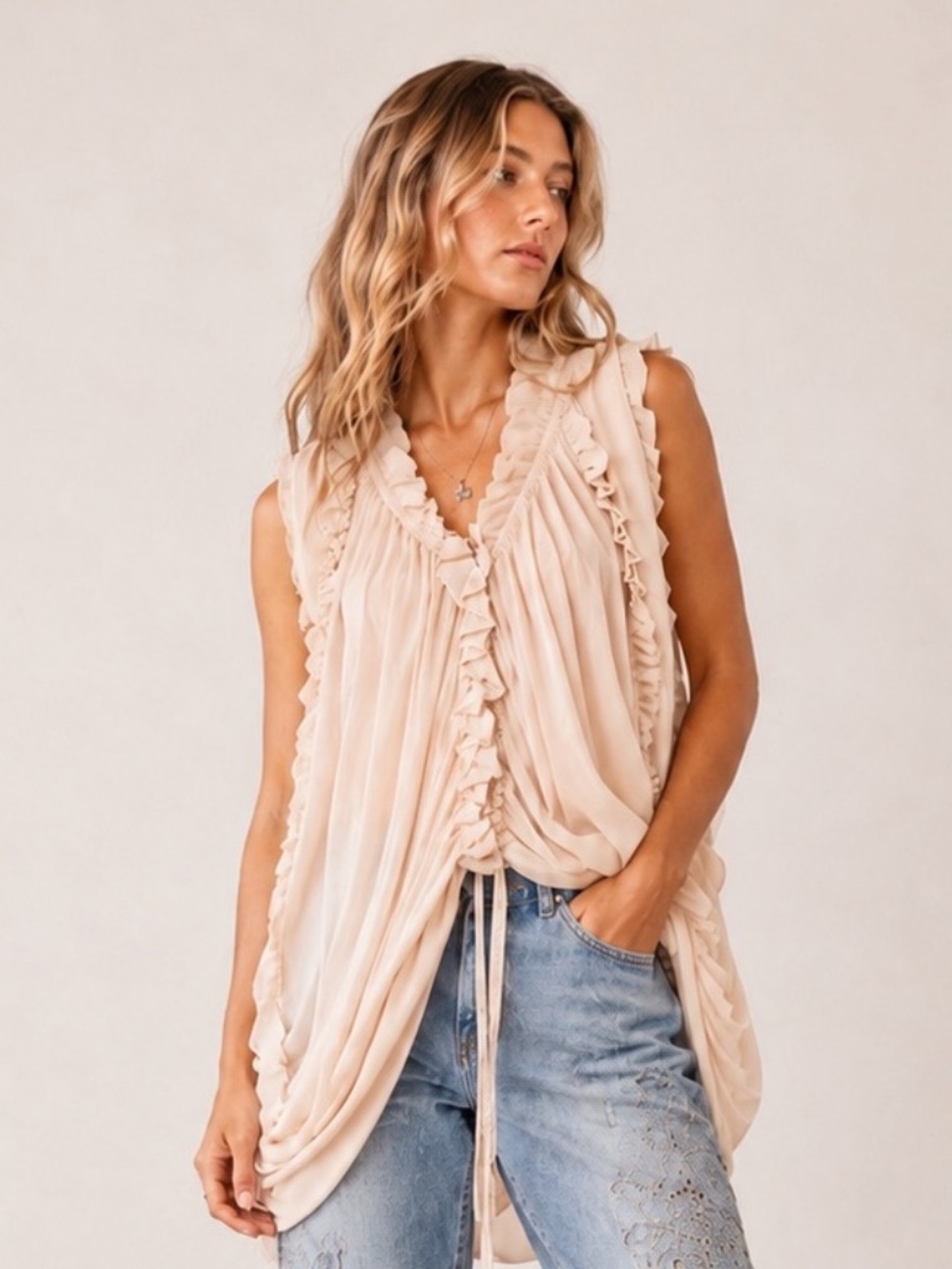 W90–CREAM 2-way Ruffle-Trim Draped Blouse in Soft Beige. Tank or long sleeve